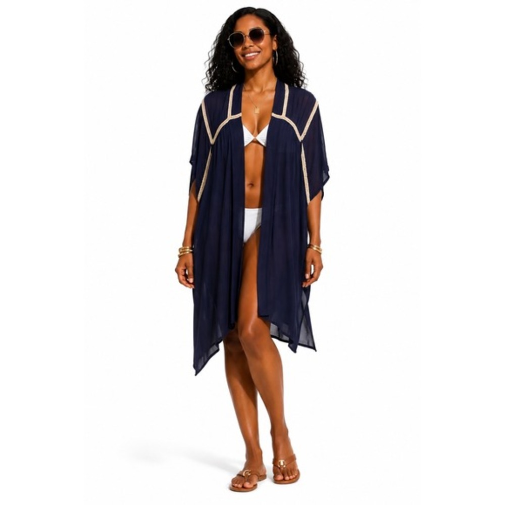 Altar'd State Navy Blue Crochet Trim Kimono Beach Cover Up S/M Poolside 83-11